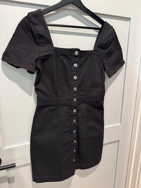 Square Neck Black Button-Front Mini Dress